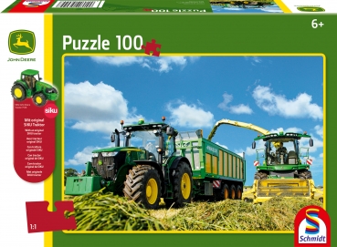 Puzzle John Deere - Traktor 7310R und 8600i Feldhäcksler 100 Teile - inkl. original SIKO Traktor 7530 - SCHMIDT SPIELE®