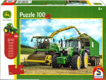 Puzzle John Deere - Traktor 6195M und Feldhäcksler 8500i 100 Teile - inkl. original SIKO Traktor 7530 - SCHMIDT SPIELE®