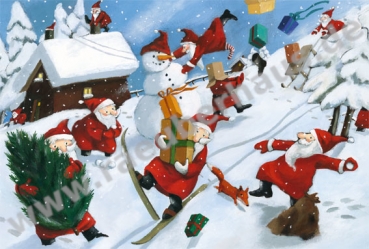 Weihnachtsmaenner im Schnee, Klappkarte mit Umschlag