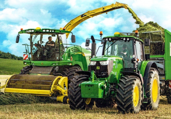 Puzzle John Deere - Traktor 6195M und Feldhäcksler 8500i 100 Teile - inkl. original SIKO Traktor 7530 - SCHMIDT SPIELE®