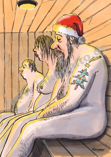 Weihnachtsmann in der Sauna, Postkarte